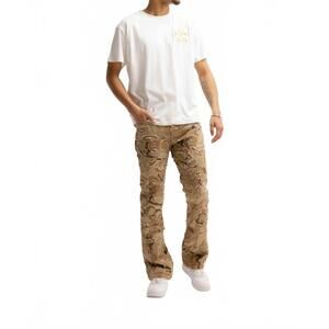NEW AMICCI franco camo shredded denim flare jeans in sand